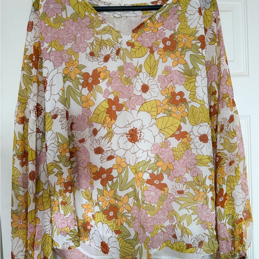 Floral V-Neck Long Sleeve Women's Top in White, Pink & Mustard